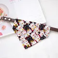 Cute Maneki-neko pattern pet bandana collar with adjustable brown leather strap - Size XS (15-21cm) / Fortune Cat