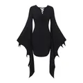 Detail showing a gothic black dress with lace-up V-neck and dramatic jagged batwing sleeves - S / Dresses / Black