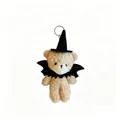 Macro detail of Halloween plush bear keychain with witch hat and spooky bat wings - Black Hat Bat Bear / Tan