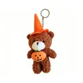 Close-up detail of a brown plush teddy bear keychain featuring an orange wizard hat and pumpkin. - Orange Hat Pumpkin Bear / Dark Brown
