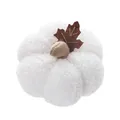 Detailed view of soft white plush pumpkin decoration with brown felt leaf for autumn - White