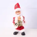 Close-up of a standing electric Santa Claus doll playing a golden saxophone for Christmas - White Twisting Saxophone