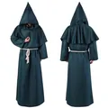 Full front and back view of medieval hooded monk priest robe with cross and rope belt. - Green