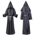 Front and back view of grey hooded medieval monk robe with rope belt - Gray