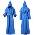 Vorder- und Rückansicht der blauen mittelalterlichen Priesterrobe mit Kapuzenumhang - Blau