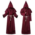 Medieval monk robe with hooded cloak, rope belt, and cross necklace for Halloween - Burgundy