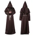 Vista detallada de una túnica de monje medieval marrón con capucha para cosplay - S / Bata / Café