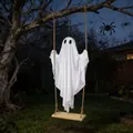Cute glowing white Halloween ghost hanging ornament on a wooden swing for yard decor - Simplified Ghost Swing (With Light & Remote)