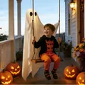 Cute glowing Halloween ghost on a wooden swing, outdoor porch decoration with pumpkins - Solid Wood Ghost Swing (No Light)