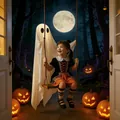 Glowing Halloween ghost hanging decoration on a swing for festive outdoor yard decor. - Solid Wood Ghost Swing (With Light & Remote)