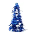 Mini desktop Christmas tree decoration with blue tinsel and silver tree patterns. - Blue with Little Tree