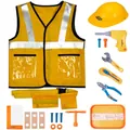 Kids construction worker costume set with yellow vest tools and hat for Halloween dress up - 20-Piece Set (Full Costume)