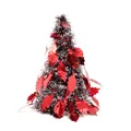 Mini tabletop Christmas tree featuring red metallic leaves and sparkling silver tinsel - Red Leaf