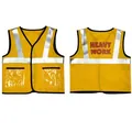 Front and back detail of kids yellow construction worker vest with HEAVY WORK print - Tops / Single Vest