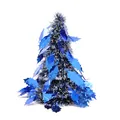 Small blue and silver tinsel Christmas tree with metallic foil holly leaves for tabletop - Blue Leaf