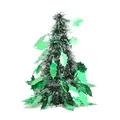 Festive mini green tinsel tabletop Christmas tree decorated with shiny holly leaf sequins. - Green Marijuana Leaf