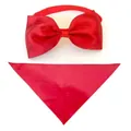 Solid vibrant red cotton pet bow tie and matching triangular bandana set for holidays - Red