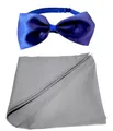 Detailed close-up view of a navy blue pet bowtie and a grey solid cotton bandana set - Deep Blue And Light Gray