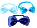 Detail showing three shades of blue satin pet bow ties with adjustable neck straps - Blue Series