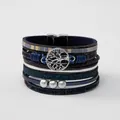Multilayer deep blue PU leather bracelet with silver tree of life charm and magnetic clasp - Tree of Life with Pearl (Style 1) / Dark Blue (Style 1)