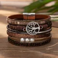 Multilayer leather bracelet with tree of life charm and pearls in brown finish - Tree of Life with Pearl (Style 2) / Tan (Style 2)