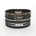 Stacked black PU leather bracelet featuring Tree of Life charm and elegant pearls - Tree of Life with Pearl (Style 4) / Black (Style 4)