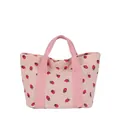 Pink corduroy tote bag with strawberry print pattern on white background - One Size / Pink