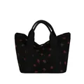Premium black corduroy tote bag featuring cute red strawberry prints and handles - One Size / Black