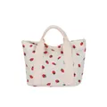 Stylish white corduroy tote bag featuring all-over red strawberry print with cream handles - One Size / White