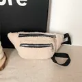 Minimalist beige sherpa fuzzy chest bag with double zippers for casual outdoor use - Beige
