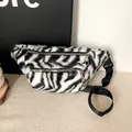 Trendy minimalist zebra print plush fanny pack for women with double zipper design - Leopard Print Black