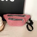 Soft pink plush waist bag with double zippers and black strap for women - Rose Red