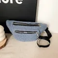 Trendy blue plush teddy fanny pack for women with dual silver zippers and black strap - Blue
