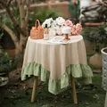 Modern minimalist ruffled tablecloth with light green hem for round coffee tables - Round Diameter 90cm / Beige + Light Green