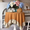 Modern minimalist round tablecloth with elegant ruffles in orange and beige color - Round Diameter 90cm / Orange + Beige