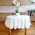 Elegant white ruffled tablecloth for round tables with a modern minimalist style - White