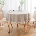 Elegant waterproof and oilproof round linen-like tablecloth with white lace trim details - Waterproof Lace Style / 90cm (Suggested for within 50cm table) / Coffee Linen