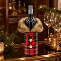 Festive plaid Christmas wine bottle cover with elegant faux fur collar and ribbon detail - Green Red Plaid