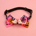 Detailed view of pink Halloween pet bow collar featuring cute ghost charms and pumpkin pattern - Size XS (16-22cm) / Heart Ghost