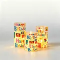 Set of three colorful Happy Birthday printed LED flameless candles with warm glow - Bullet Tip / 7.5*10 Smooth Flat