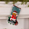 Close-up of a rustic linen Christmas stocking featuring a 3D plush teddy bear mascot - Bear Style