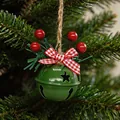 Festive green Christmas jingle bell ornament with red berries and checkered bow - Green Round Bell