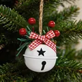 White Christmas bell ornament with red checkered bow and berries on a tree branch - White Round Bell