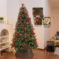 Full 1.2m artificial Christmas tree with pine cones, red bows, and copper wire LED lights - Bow Pinecone Style (1.2m) / With Lights and Tree Skirt / Forest Green