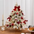 Beautiful snowy tabletop Christmas tree decorated with red bows, balls and warm LED lights - With Lights / Red Velvet Snowy Cedar Christmas Tree (45cm)