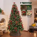 Luxury 1.5m Christmas tree set decorated with pinecones, red bows, and copper wire lights - Bow Pinecone Style (1.5m) / With Lights and Tree Skirt / Forest Green