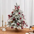 Snow-flocked tabletop Christmas tree decorated with red bows and pinecones - With Lights / Red Gold Snowy Velvet Christmas Tree (45cm)