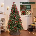 Premium 1.8m artificial Christmas tree set with red bows, pine cones, and tree collar - Bow Pinecone Style (1.8m) / With Lights and Tree Skirt / Forest Green