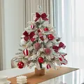 Tabletop mini flocked Christmas tree with red ornaments and warm lights on wood base - With Lights / Snowy Red Rhyme Christmas Tree (45cm)