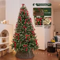 Full 3m artificial Christmas tree set with red bows, pine cones, and warm LED lights - Bow Pinecone Style (3m) / With Lights and Tree Skirt / Forest Green